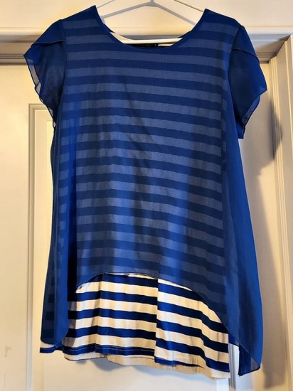 KENING Striped Short Sleeve Blouse in Blue & White Size Large